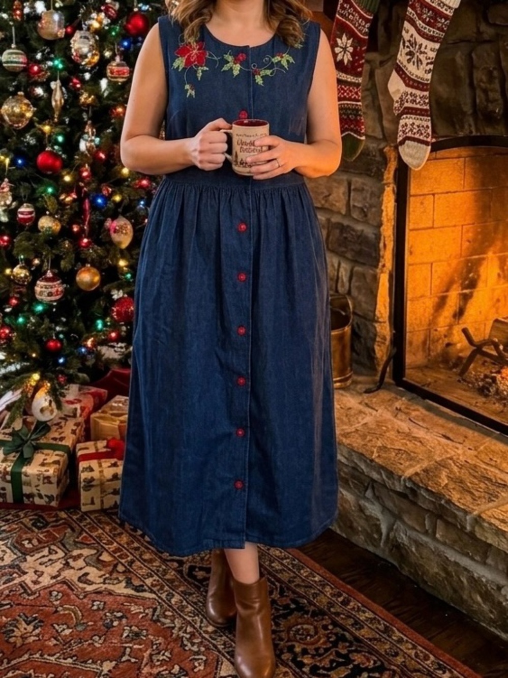 Vintage 90s Blair Christmas Embroidered Denim Jumper Dress L